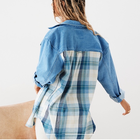 AE Mixed Denim Plaid Flannel Boyfriend Button Down Collar Shirt Women’s XS - Picture 2 of 11